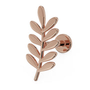 14K rose gold olive branch leaf flat back earring, angled front view showing polished leaf detail and disc back