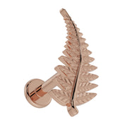 14K rose gold fern leaf flat back earring, angled view showing engraved frond veins and polished flat disc