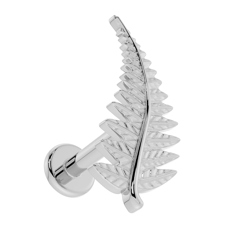 14K white gold fern leaf flat back earring, angled front view showing serrated frond detail and round flat backing