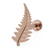 14K rose gold fern leaf flat back earring, side profile view highlighting warm tone and detailed leaf veining