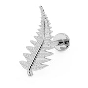 14K white gold fern leaf flat back earring, side profile showing engraved frond detail and labret post