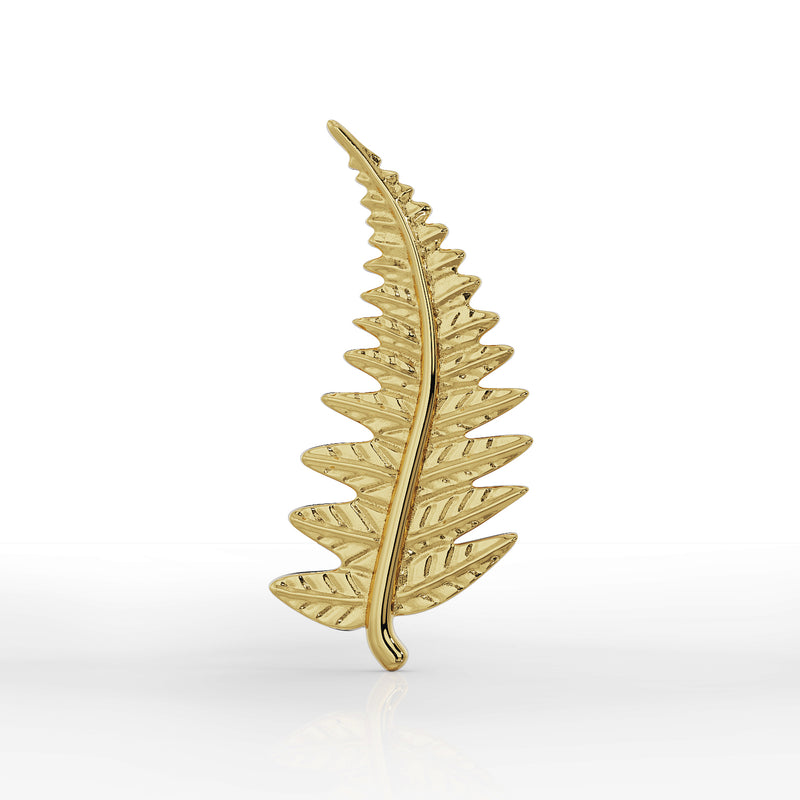 14K yellow gold fern leaf cartilage earring top, front-facing view showing full leaf shape and etched vein texture
