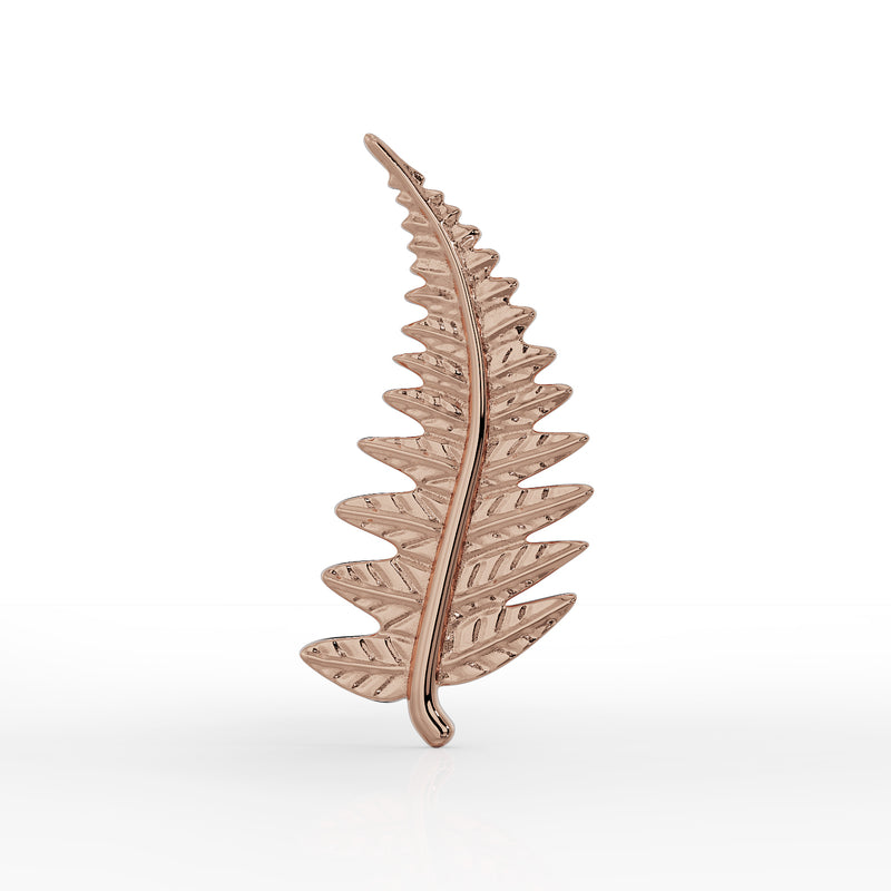 14K rose gold fern leaf earring top, front-facing view highlighting warm blush tone and engraved frond detail