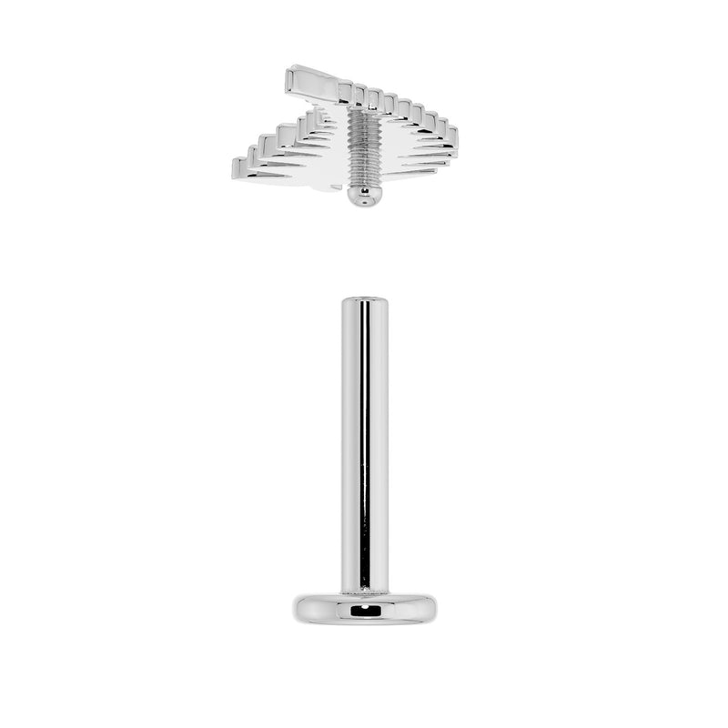 Disassembled white gold fern leaf flat back earring showing threaded top and separate flat back post