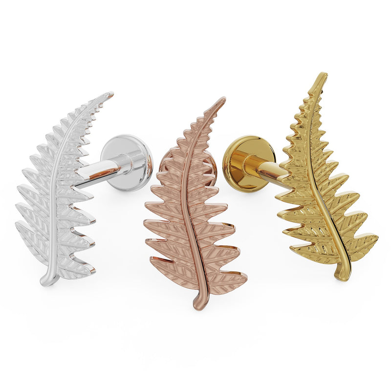 Fern leaf flat back earring in all three metal options: 14K white gold, rose gold, and yellow gold side by side