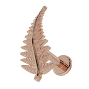 14K rose gold fern leaf flat back cartilage earring, angled front view with detailed frond engraving