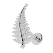 14K white gold fern leaf flat back earring, angled front view highlighting polished finish and leaf texture