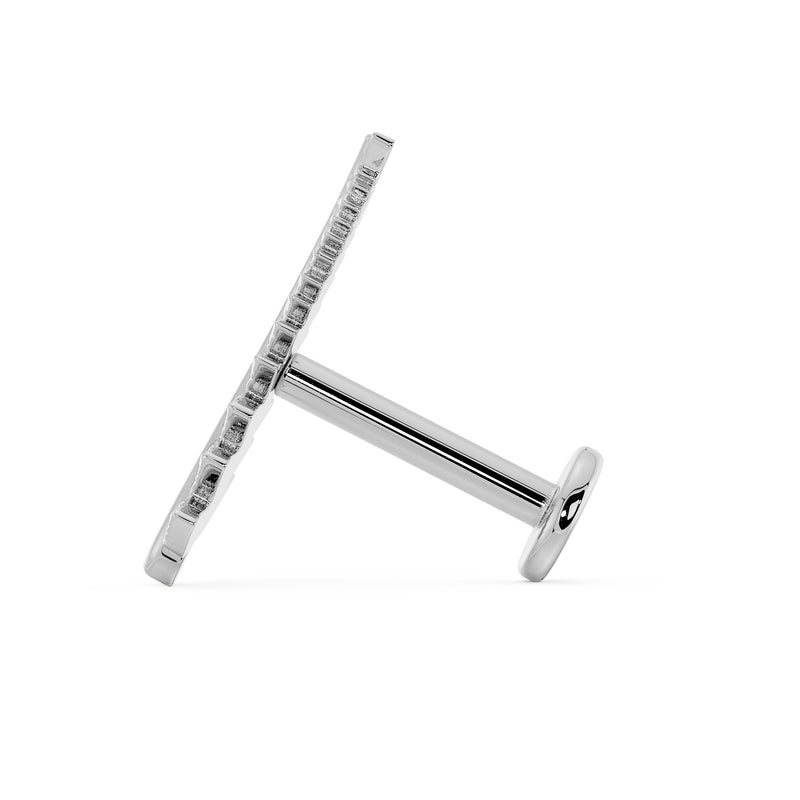 Side profile of flat back labret post showing thin post length and flat disc backing for cartilage piercings