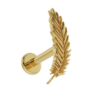 14K yellow gold feather flat back labret earring, angled side view showing detailed barbell and flat disc
