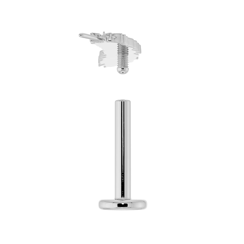 Exploded view of feather flat back earring components showing screw-on top and flat back barbell post