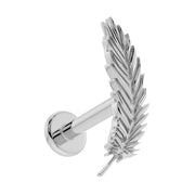 14K white gold feather flat back labret earring, angled side view showing barbell post and flat disc