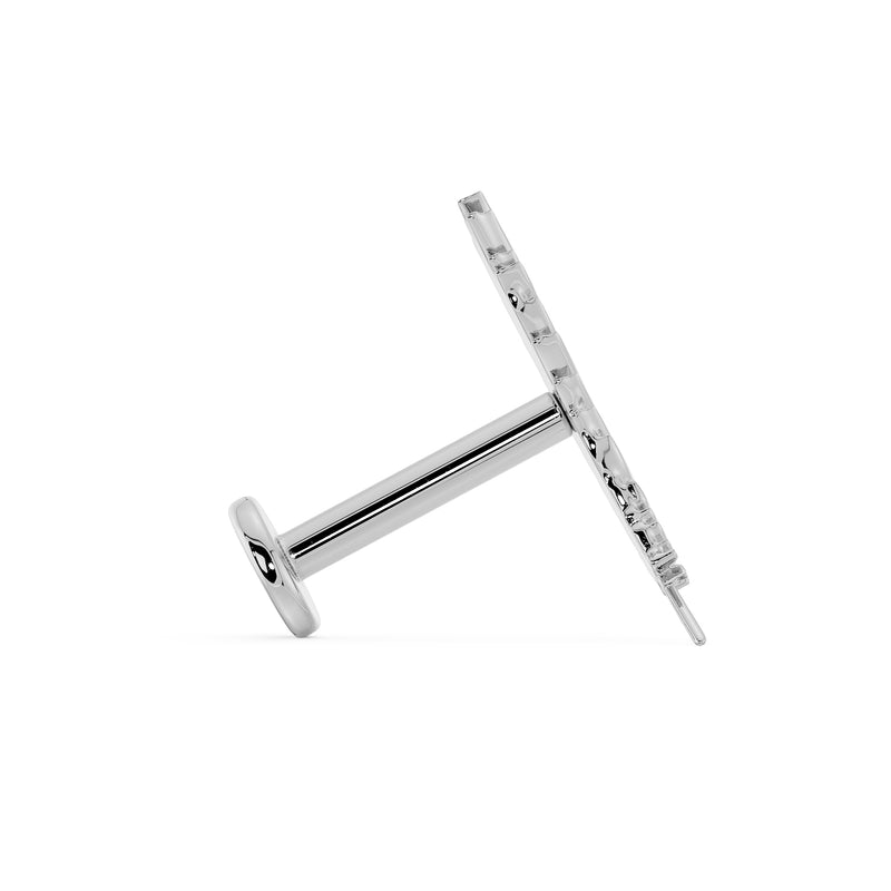 Side profile of 14K white gold feather flat back earring showing barbell length and flat disc end
