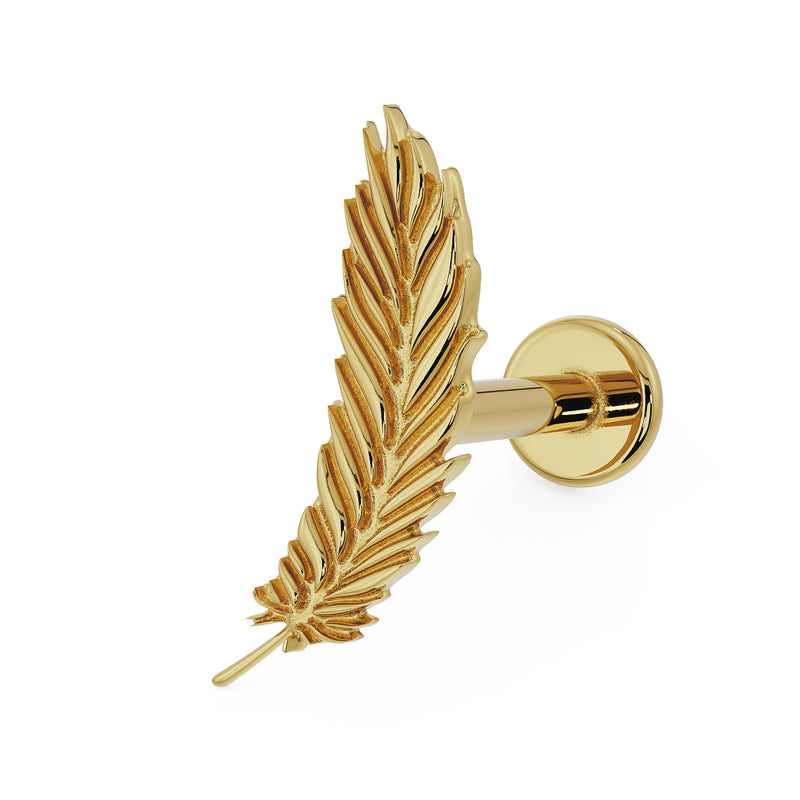 14K yellow gold feather flat back earring, reverse angle showing flat disc backing and threaded post