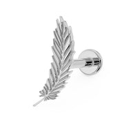 14K white gold feather flat back earring, reverse angle showing flat disc backing and threaded post
