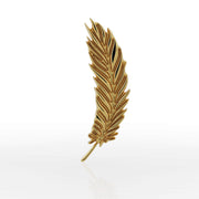 Close-up front view of 14K yellow gold feather topper showing engraved barb detail and polished finish