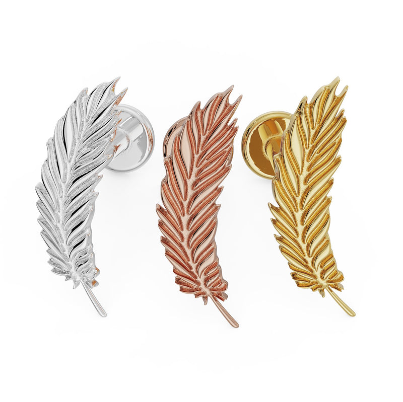 Feather flat back earring in all three metal options: 14K white gold, rose gold, and yellow gold