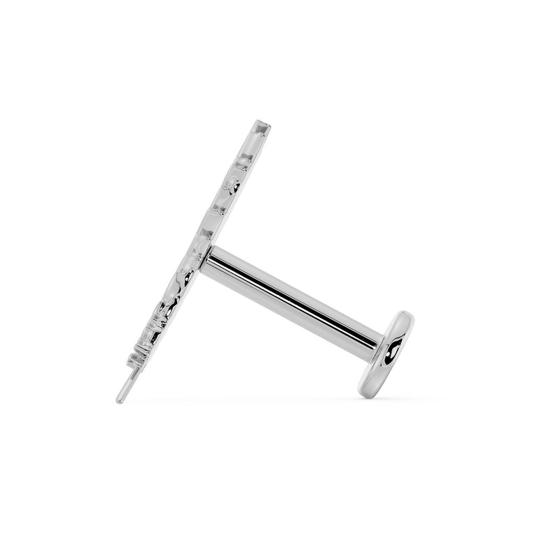 Side profile of flat back labret post showing straight bar and flat disc backing construction