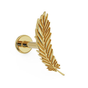 14K yellow gold feather flat back labret earring, angled view showing engraved barb detail