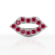14K white gold lips flat back earring with round garnet stones, straight-on front view