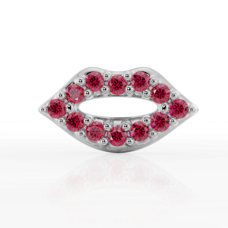 14K white gold lips flat back earring with round garnet stones, straight-on front view