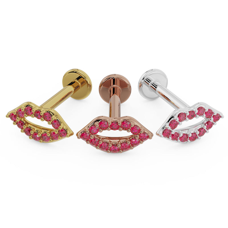 All three metal options of garnet lips flat back earring: 14K yellow, rose, and white gold side by side
