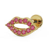 14K yellow gold lips flat back earring with garnet pave setting, angled side view
