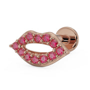 14K rose gold lips flat back earring with garnet pave setting, angled side view