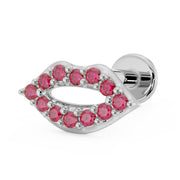 14K white gold lips flat back earring with red garnet stones, angled side view
