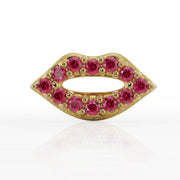 14K yellow gold lips flat back earring with 12 round garnet stones, straight-on front view
