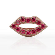 14K rose gold lips flat back earring with round garnet stones, straight-on front view