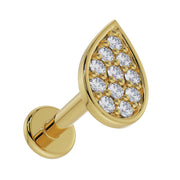 14k yellow gold diamond teardrop flat back labret, reverse angle showing flat backing disc and post detail