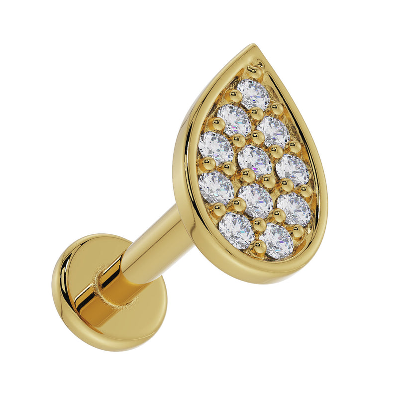 14k yellow gold diamond teardrop flat back labret, reverse angle showing flat backing disc and post detail