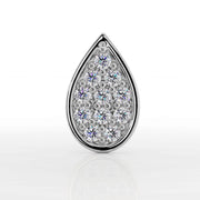 Close-up front view of 14k white gold teardrop labret showing 11 round-cut diamonds in pavé setting
