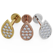 Teardrop diamond pavé flat back earring in all three gold tones: yellow, rose, and white 14k gold