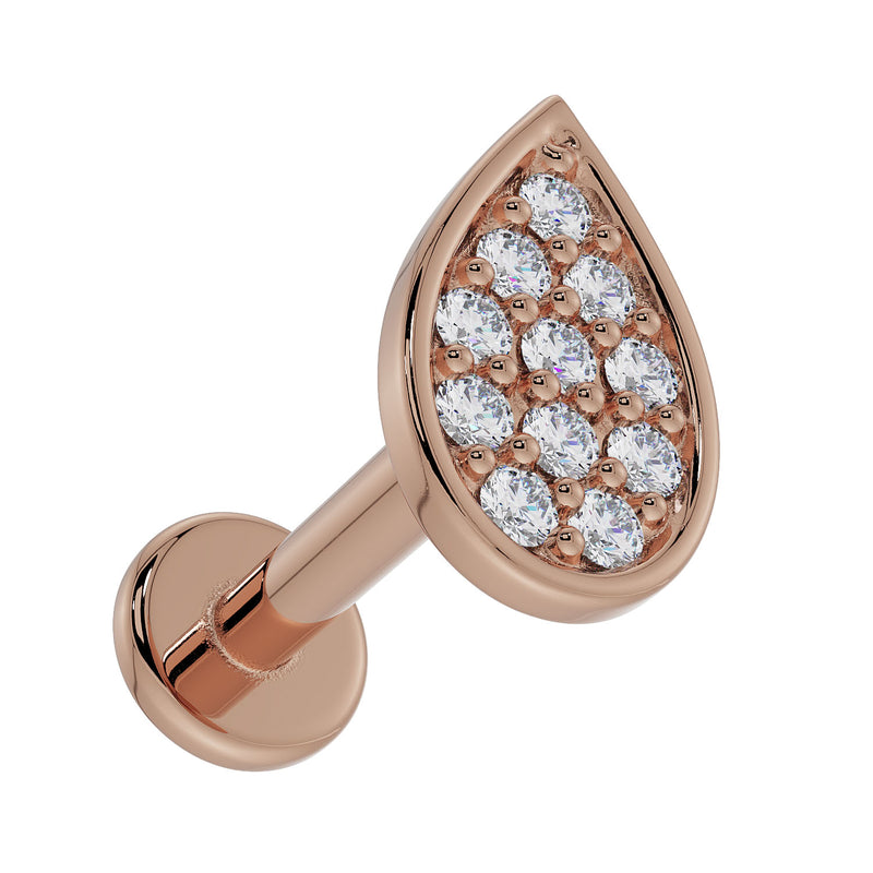 14k rose gold diamond teardrop labret, reverse angle showing flat backing disc and post construction