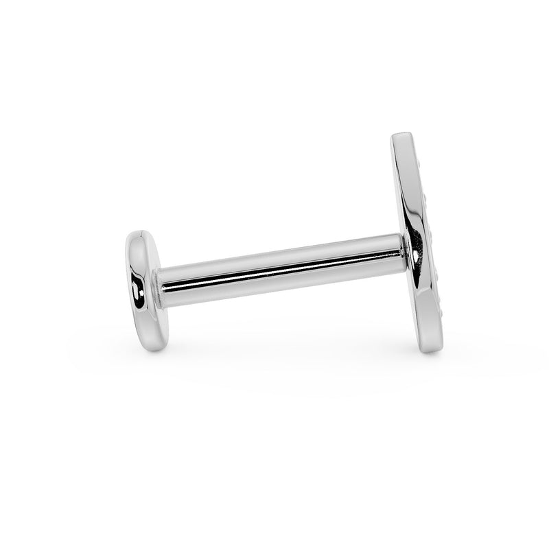Side profile of 14k white gold flat back labret post showing barbell length and flat disc backing