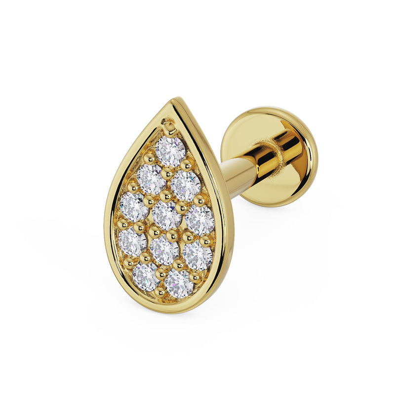 14k yellow gold teardrop diamond pavé flat back earring, angled view showing stud face and post
