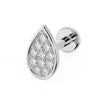 14k white gold teardrop diamond pavé flat back labret earring, angled view showing post and flat disc