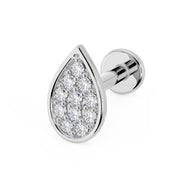 14k white gold teardrop diamond pavé flat back labret earring, angled view showing post and flat disc