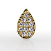 Front close-up of 14k yellow gold teardrop labret showing pavé-set round diamonds and bezel border