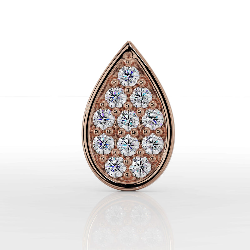 Front close-up of 14k rose gold teardrop labret showing pavé diamond setting and warm rose gold bezel