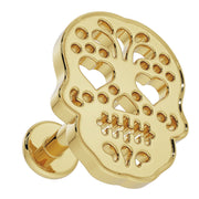 Reverse side of 14K yellow gold sugar skull labret showing ball end and post construction detail