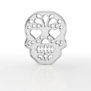 14K white gold sugar skull flat back earring, front view showing open filigree design and heart-shaped eyes