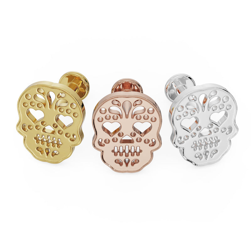Dia de los Muertos skull flat back labret in all three metal options: yellow gold, rose gold, and white gold