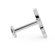 Side profile of flat back labret post showing flat disc backing and threaded barbell in white gold tone