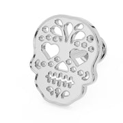 14K white gold sugar skull flat back labret, angled side view highlighting open filigree and heart eyes