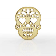14K yellow gold sugar skull flat back earring, straight-on front view showing full filigree skull design