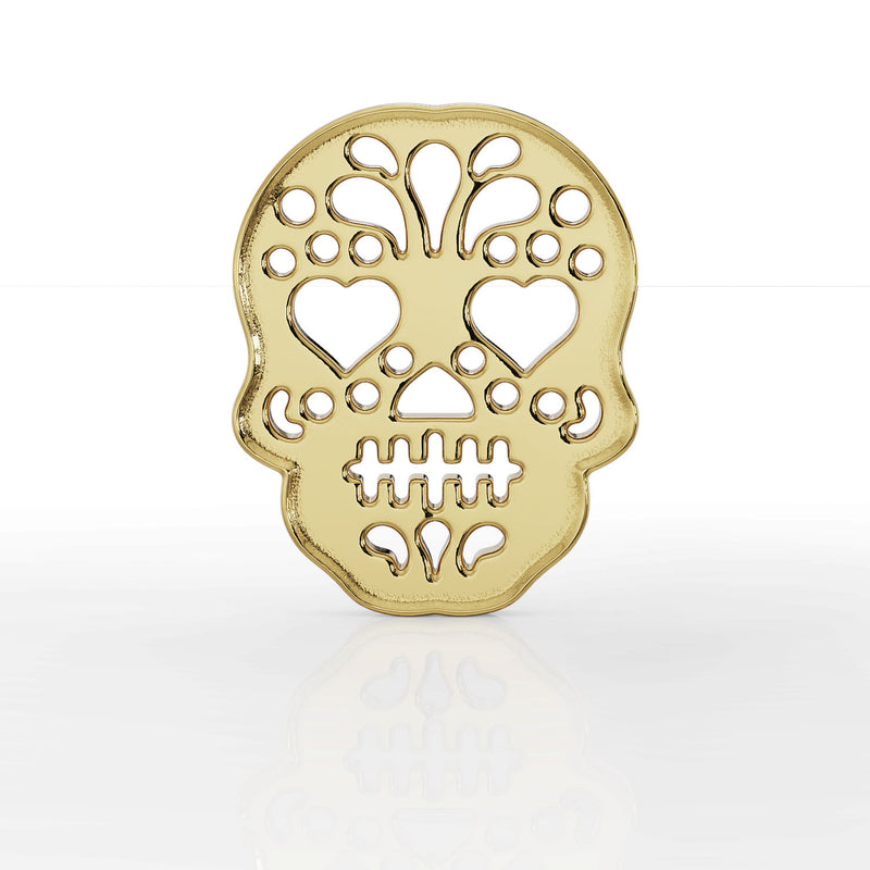 14K yellow gold sugar skull flat back earring, straight-on front view showing full filigree skull design