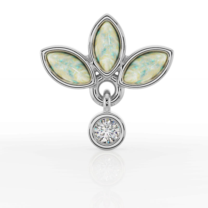 14K white gold opal wildflower dangle flat back earring, front view showing three marquise opal petals and CZ drop