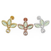 Opal wildflower dangle flat back earring in all three metal options: 14K yellow gold, rose gold, and white gold